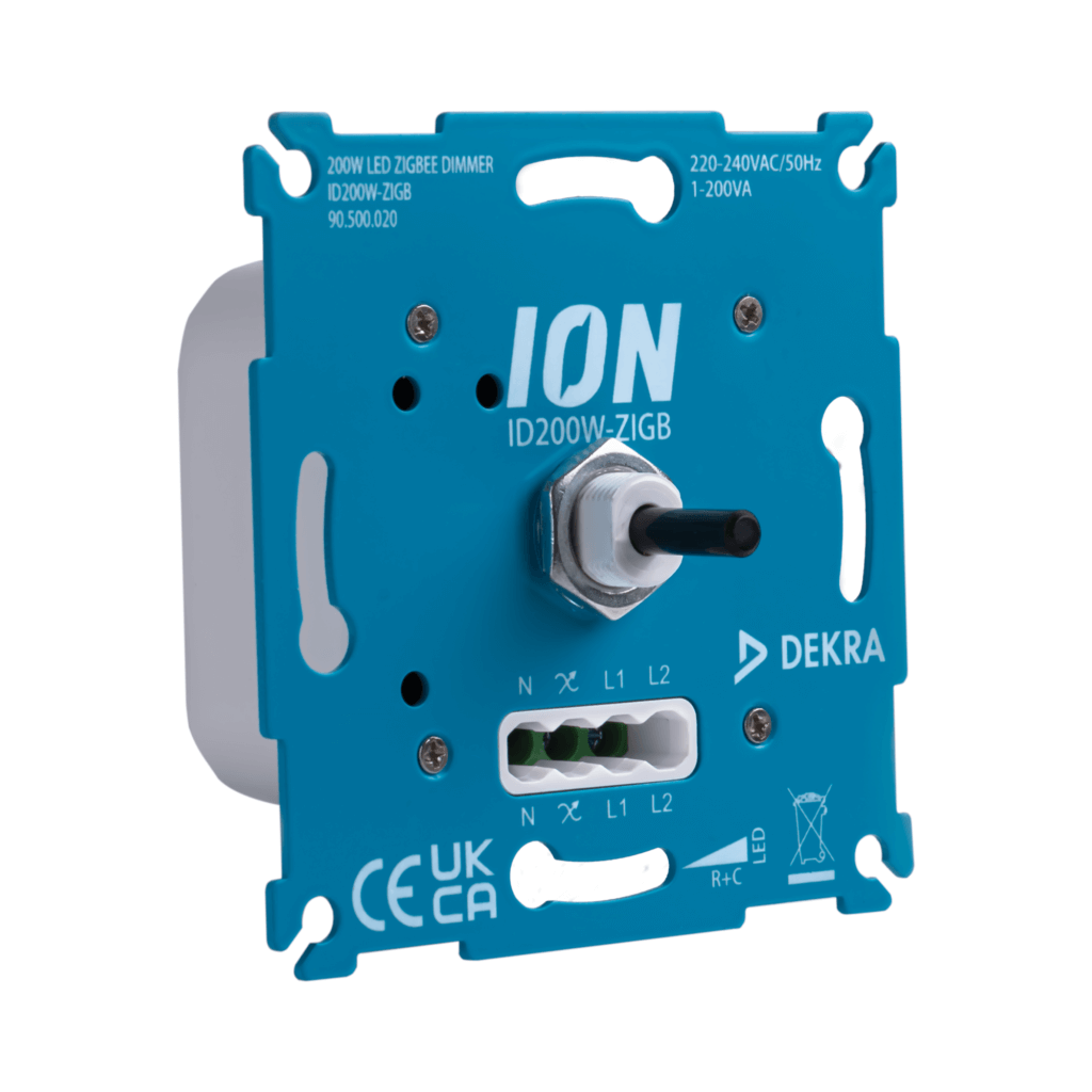 Vooraanzicht van de ION ID200W-ZIGB LED Zigbee dimmer, geschikt voor 200W, met aansluitklemmen en draaiknop zichtbaar, ontworpen voor slimme verlichtingstoepassingen.