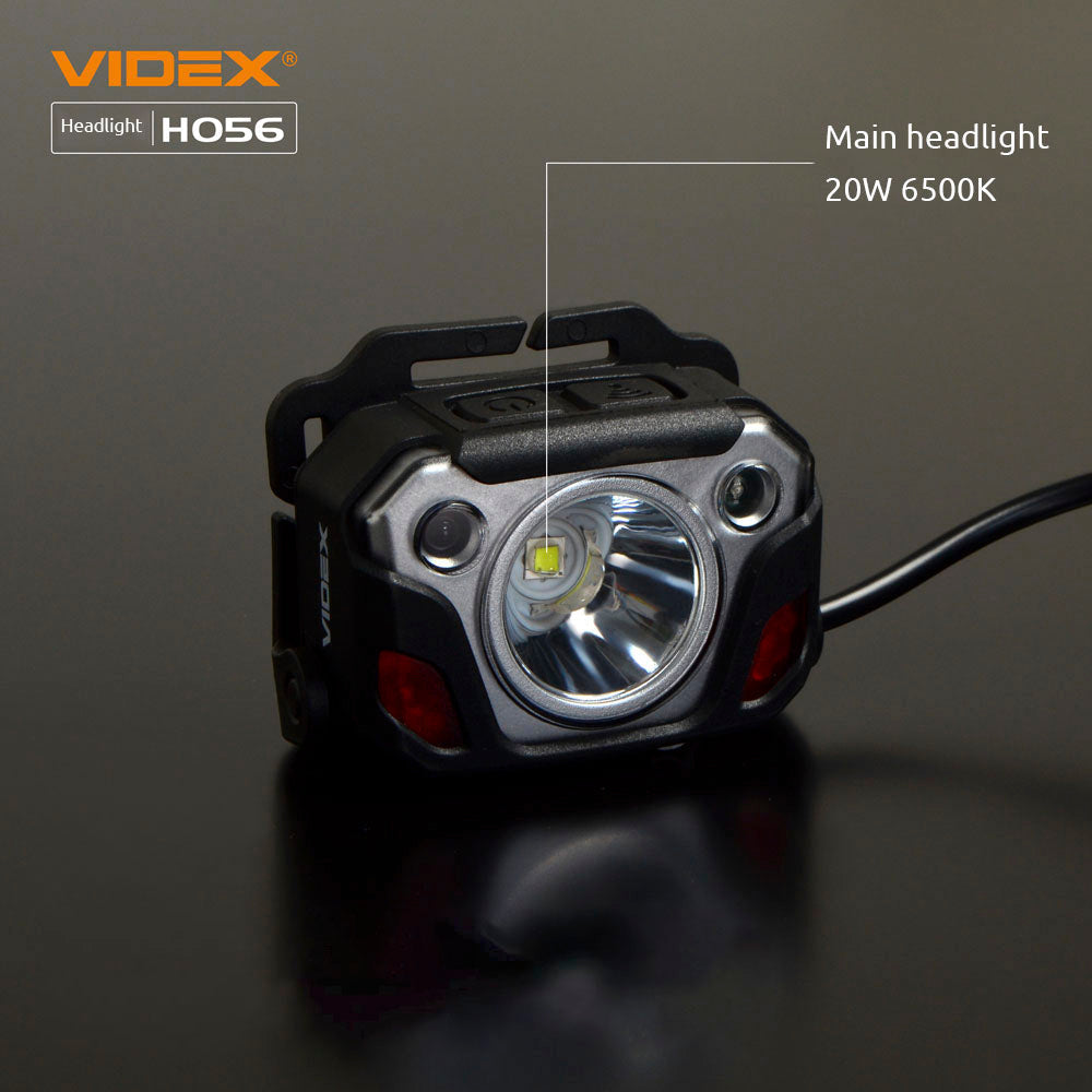 Close-up vooraanzicht van de VIDEX H056 hoofdlamp met krachtige LED-verlichting van 20W en 6500K kleurtemperatuur, getoond op een zwarte achtergrond.