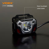 Close-up vooraanzicht van de VIDEX H056 hoofdlamp met krachtige LED-verlichting van 20W en 6500K kleurtemperatuur, getoond op een zwarte achtergrond.