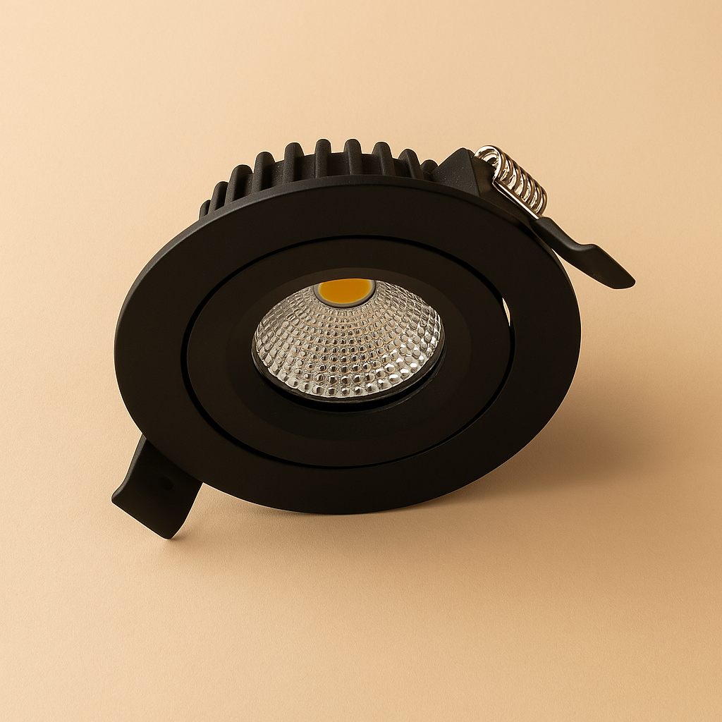 Zwarte ronde LED inbouwspot met koelribben en veerclip, schuin zijaanzicht op een beige achtergrond.