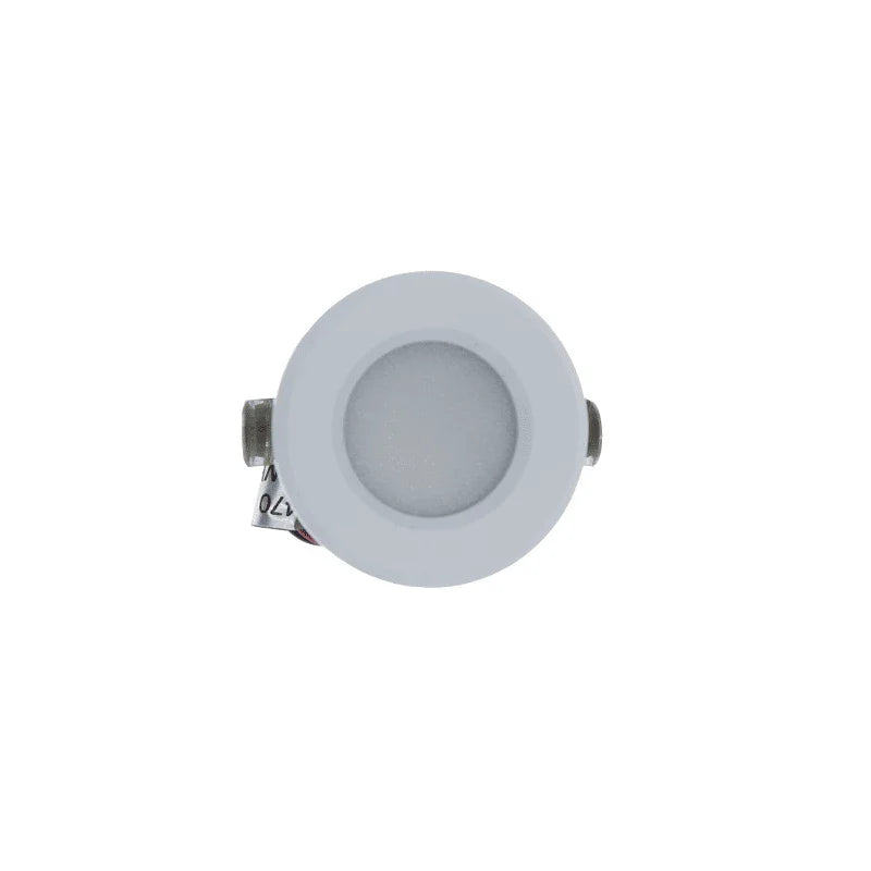 Witte inbouw LED spot, vooraanzicht, met ronde afwerking en matte lens voor gelijkmatige lichtverspreiding.