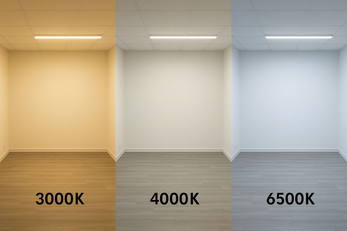 Vergelijking van LED-verlichting in een ruimte bij drie kleurtemperaturen: warm wit 3000K, neutraal wit 4000K en koel wit 6500K, frontaal aanzicht van kamerinterieur met systeemplafond en geïntegreerde lichtbron.