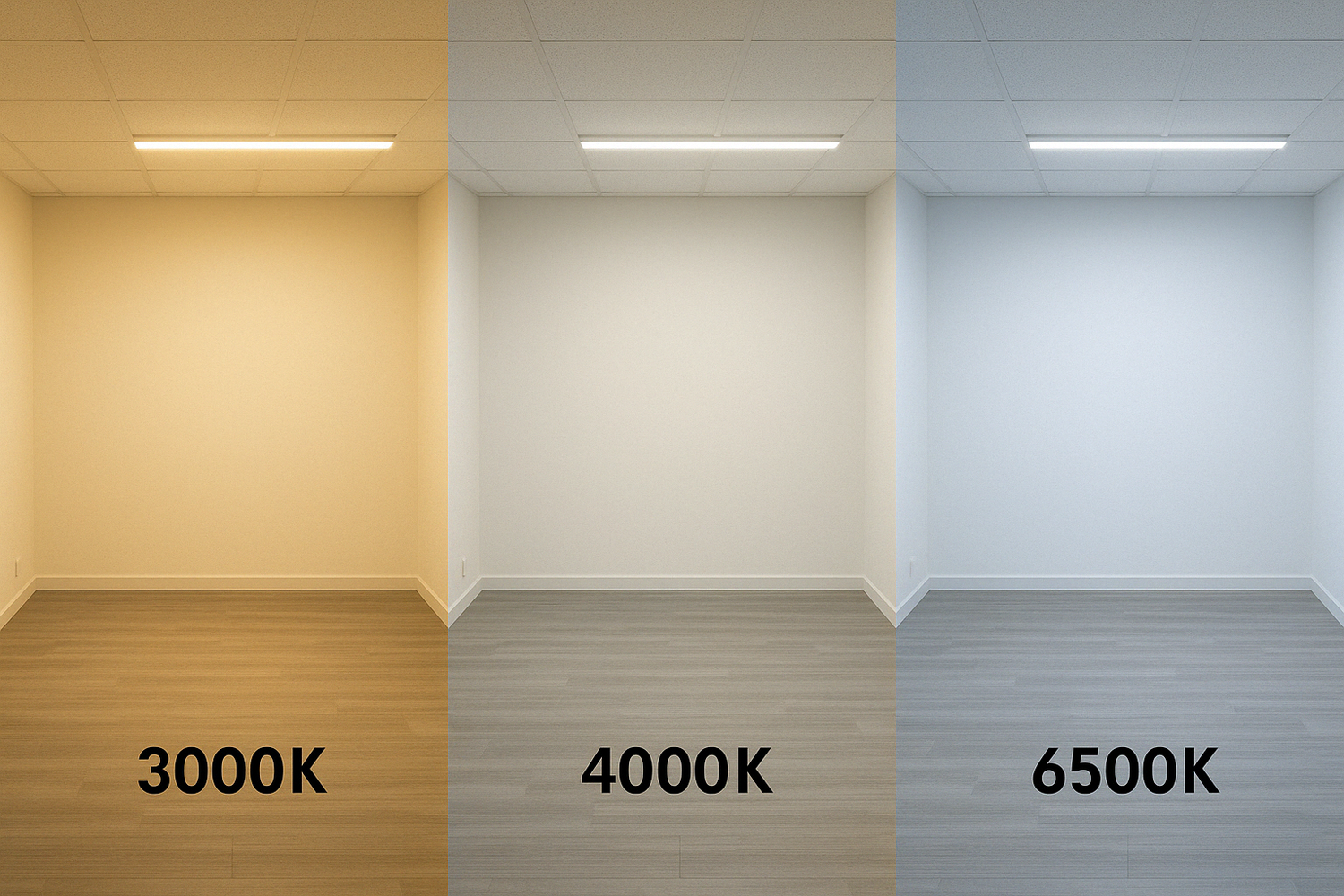 Vergelijking van LED-verlichting in een ruimte bij drie kleurtemperaturen: warm wit 3000K, neutraal wit 4000K en koel wit 6500K, frontaal aanzicht van kamerinterieur met systeemplafond en geïntegreerde lichtbron.