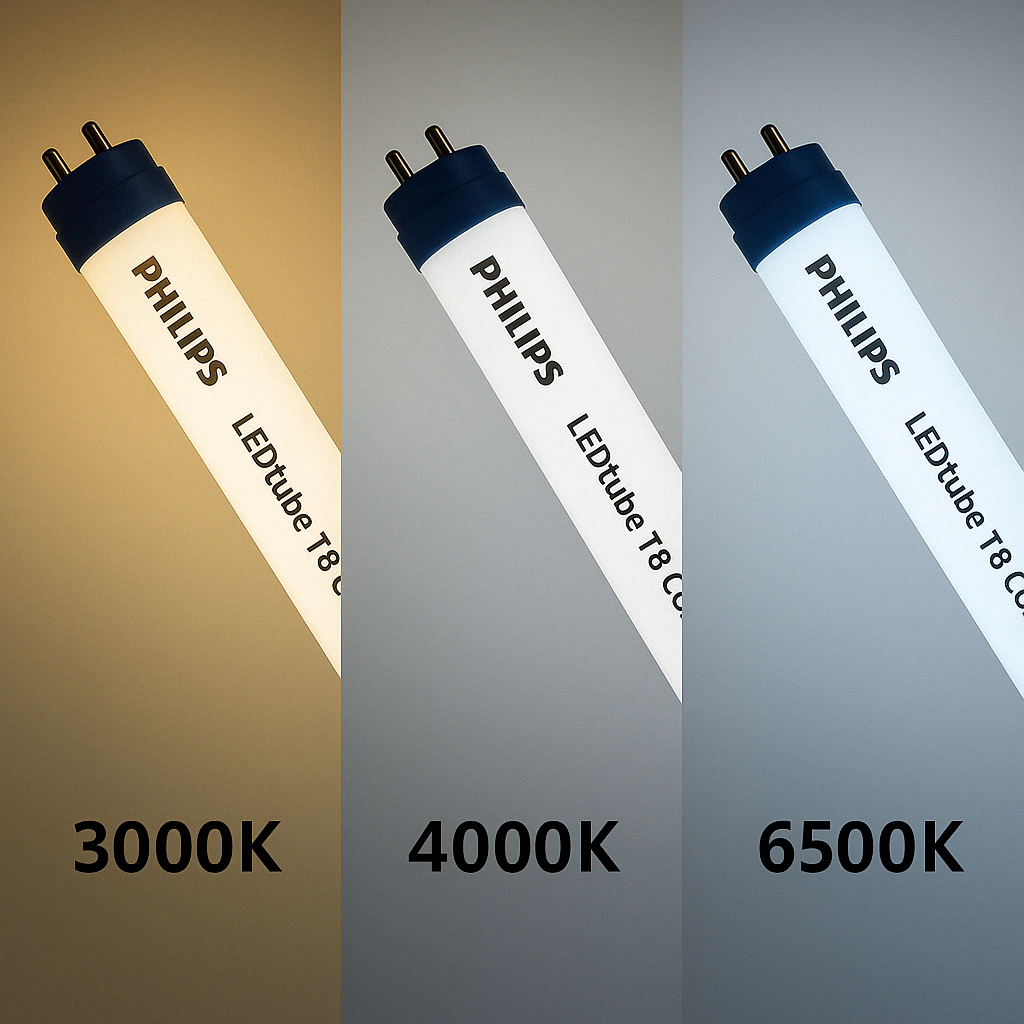 Afbeelding van een Philips LEDtube T8 coreline LED TL-buis in zijaanzicht, getoond in drie verschillende kleurtemperaturen: 3000K (warm wit), 4000K (neutraal wit) en 6500K (koud wit), ter illustratie van lichtkleurvariaties.