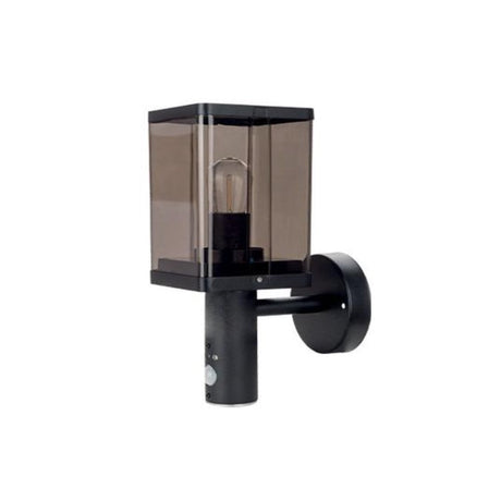 Wand lantaren - vierkant - smoked glas - E27 fitting - met sensor - waterdicht