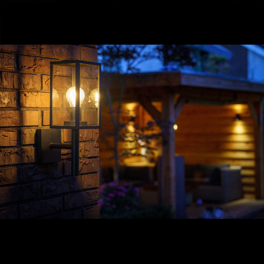 Moderne zwarte buitenlamp met heldere glazen behuizing en zichtbare filamentlamp, zijaanzicht gemonteerd op een bakstenen muur bij schemering, met sfeervolle tuinverlichting op de achtergrond.
