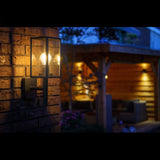 Moderne zwarte buitenlamp met heldere glazen behuizing en zichtbare filamentlamp, zijaanzicht gemonteerd op een bakstenen muur bij schemering, met sfeervolle tuinverlichting op de achtergrond.