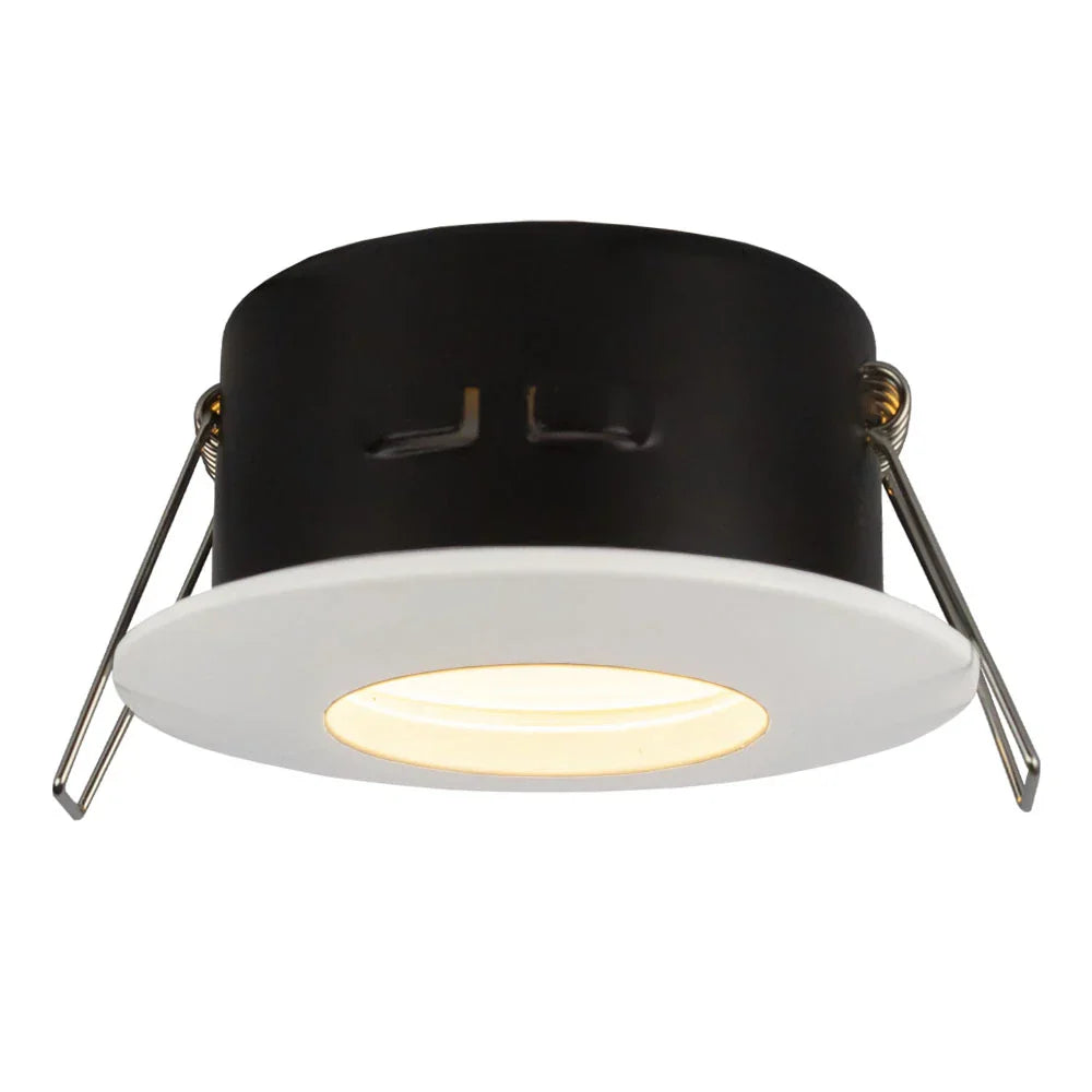 Inbouwspot LED rond wit en zwart met GU10 fitting – vooraanzicht met licht ingeschakeld.