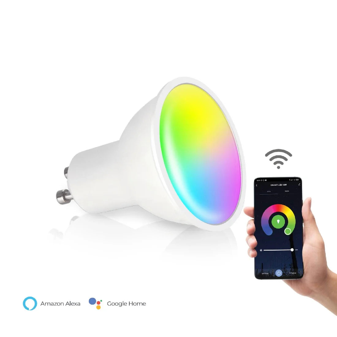 Slimme GU10 LED spot met RGB-kleuren bedienbaar via smartphone, zijaanzicht met hand die mobiele app gebruikt voor kleurinstelling, compatibel met Amazon Alexa en Google Home.