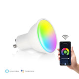 Slimme GU10 LED-lamp met RGB-kleuren, zijaanzicht, bedienbaar via smartphone-app en compatibel met Amazon Alexa en Google Home.