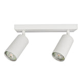 Witte moderne plafondspot met twee draaibare cilinderlampen, vooraanzicht onder een hoek. Ideaal voor gerichte verlichting in woon- of werkruimtes.