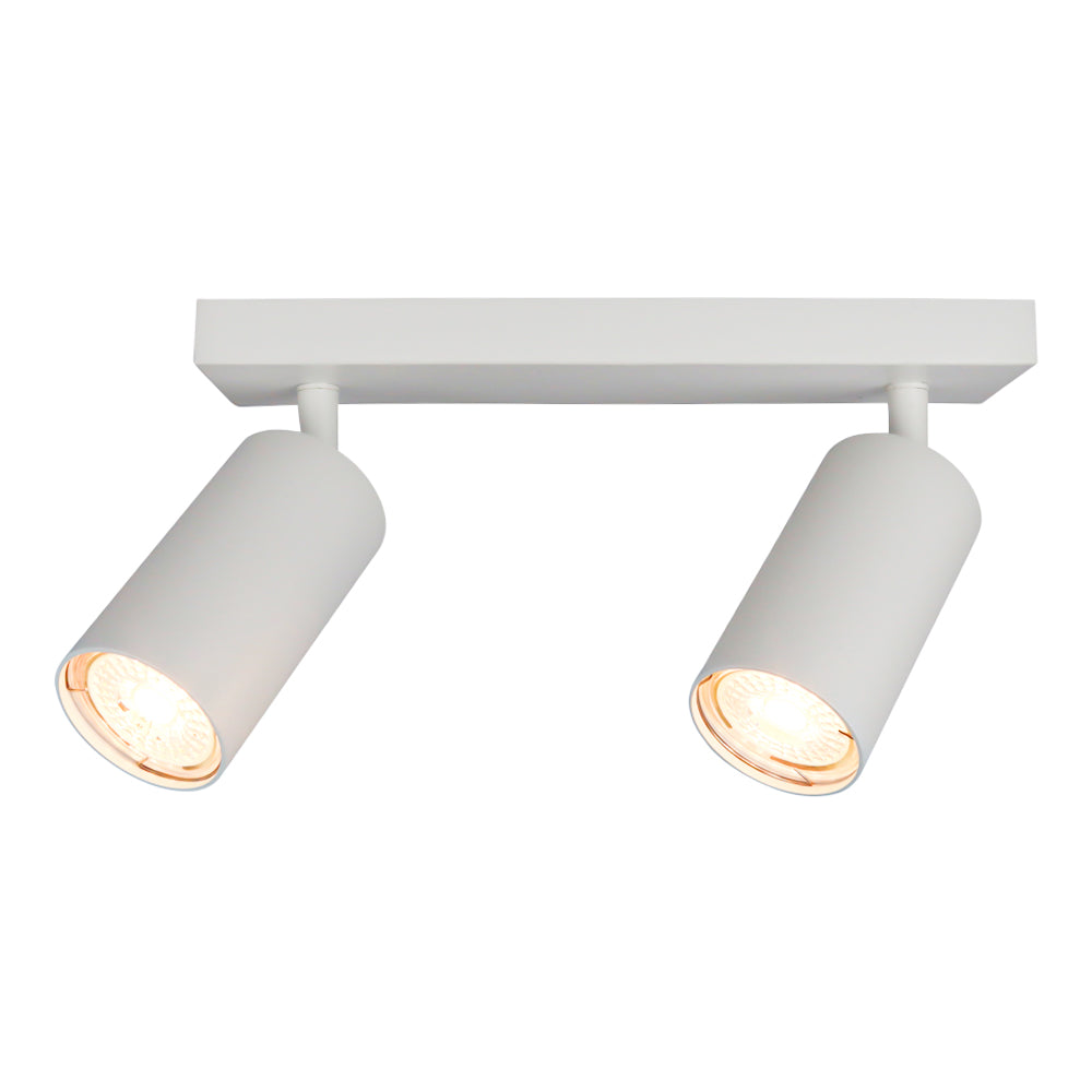 Witte moderne plafondspot met twee verstelbare cilindervormige spots, frontaal aanzicht, ideaal voor gerichte verlichting in woon- of werkruimte.
