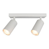 Witte moderne plafondspot met twee verstelbare cilindervormige spots, frontaal aanzicht, ideaal voor gerichte verlichting in woon- of werkruimte.