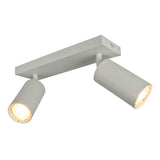 Witte moderne plafondspot met twee verstelbare lichtbronnen, schuin van voren afgebeeld tegen een witte achtergrond.