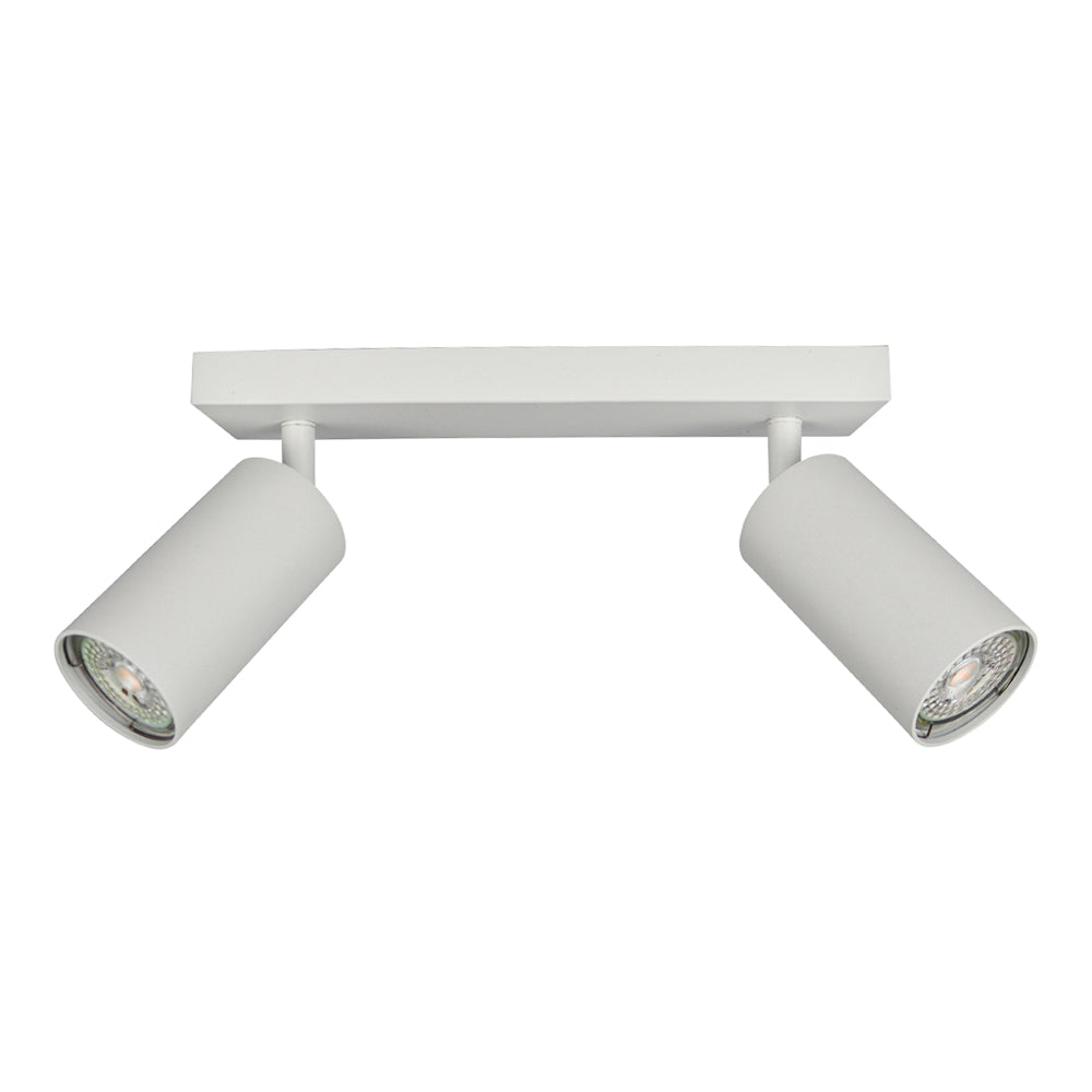 Witte plafondspot met twee verstelbare cilindervormige LED-lampen, vooraanzicht van modern en minimalistisch design.
