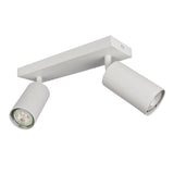 Witte moderne plafondspot met twee verstelbare cilindervormige lichtspots, schuin van voren afgebeeld tegen een witte achtergrond.