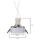 Inbouwspot met GU10 fitting en veerklemmen, vooraanzicht met afmetingen van 85mm diameter en 70mm hoogte, inclusief montageopeningsmaat van 73mm.