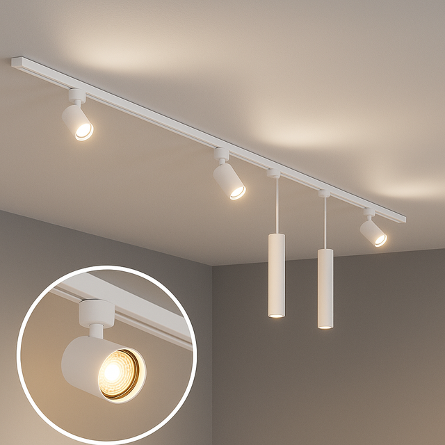 Wit spansysteem met verstelbare railspots en cilindervormige hanglampen gemonteerd aan het plafond, frontaal onderaanzicht van moderne plafondverlichting in minimalistisch interieur.