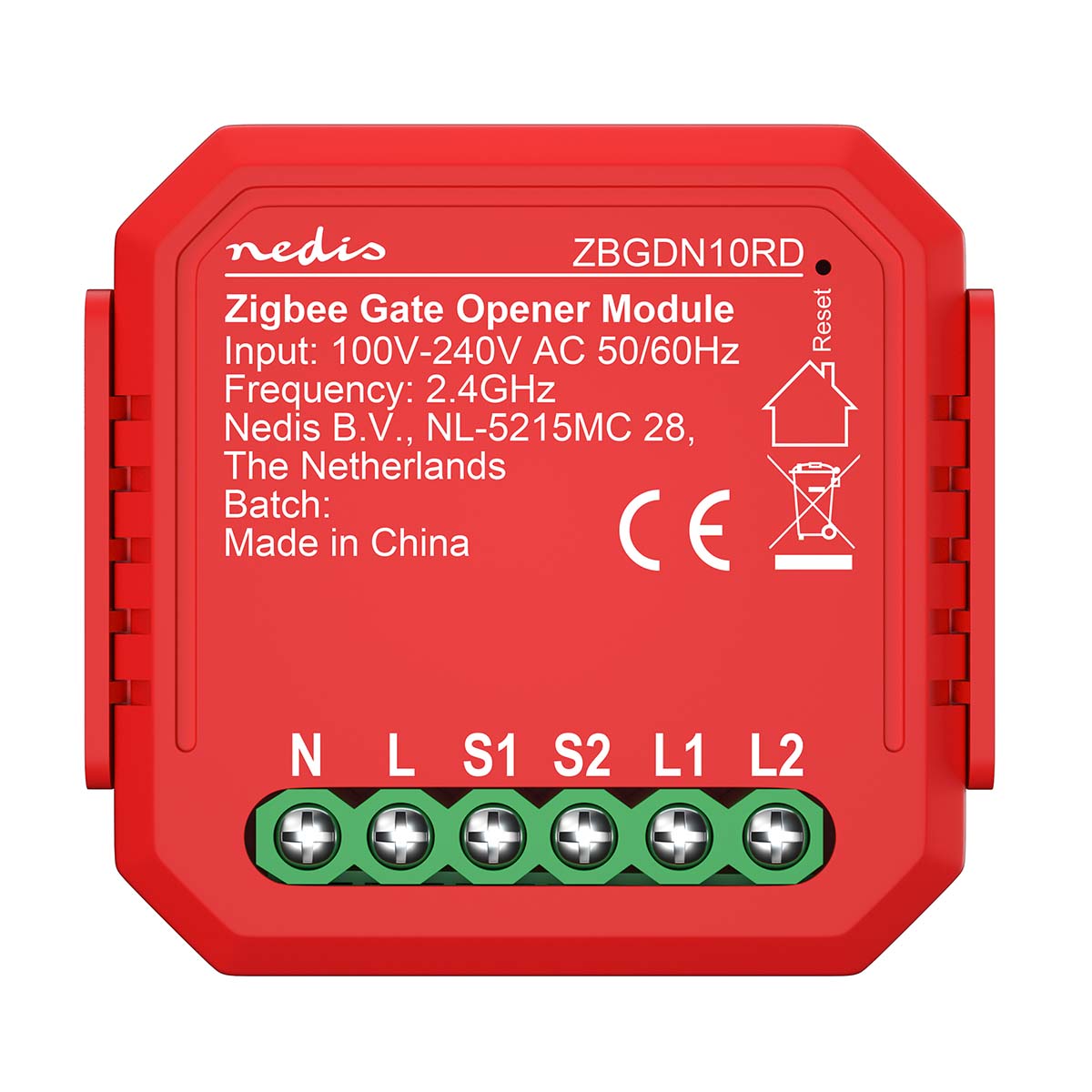 Close-up vooraanzicht van de Nedis Zigbee Gate Opener Module (model ZBGDN10RD) in rode behuizing, met aansluitpunten en specificaties zoals ingangsspanning, frequentie en certificeringen duidelijk zichtbaar.