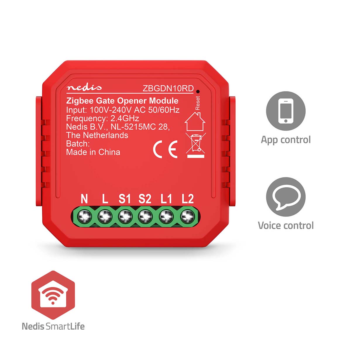 Vooraanzicht van de Nedis Zigbee Gate Opener Module (ZBGDN10RD) in rode behuizing, met aansluitpunten en specificaties zichtbaar; geschikt voor app- en spraakbediening via Nedis SmartLife.