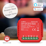 Vooraanzicht van de Nedis Zigbee Gate Opener Module, model ZBGDN10RD, in rode behuizing met aansluitpunten en technische specificaties zichtbaar; compatibel met Amazon Alexa en Google Home, ondersteunt 2.4GHz frequentie.