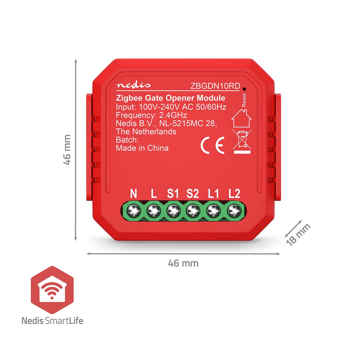 Vooraanzicht van de Nedis Zigbee Gate Opener Module (model ZBGDN10RD) met specificaties en aansluitpunten duidelijk zichtbaar, afmetingen 46x46x18 mm, geschikt voor 100V-240V AC en 2.4GHz frequentie, onderdeel van het Nedis SmartLife systeem.