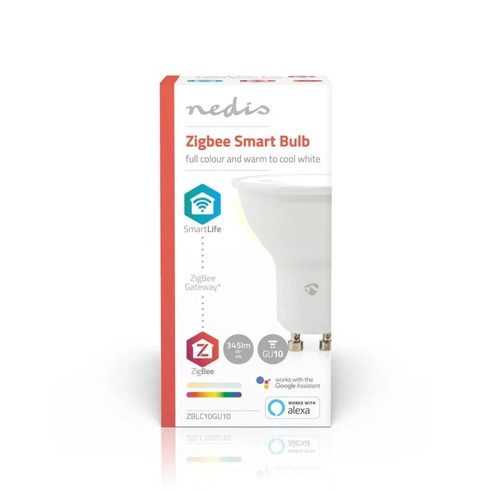 Vooraanzicht van de productverpakking van de Nedis Zigbee Smart Bulb, een slimme GU10 ledlamp met volledige kleurweergave en instelbaar van warm tot koel wit licht, compatibel met Google Assistant en Amazon Alexa.