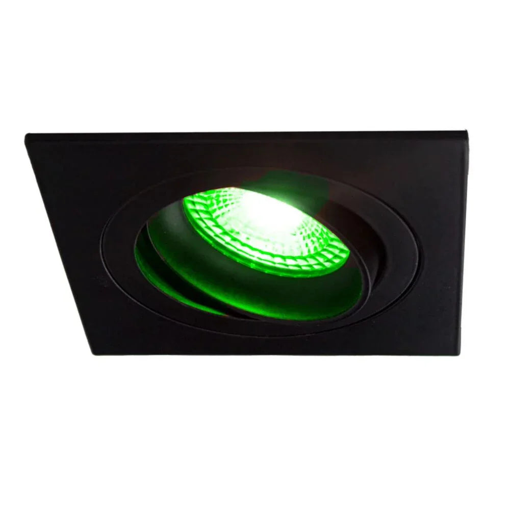 Zwarte vierkante LED inbouwspot met groene lichtbundel, schuine vooraanzichtweergave.
