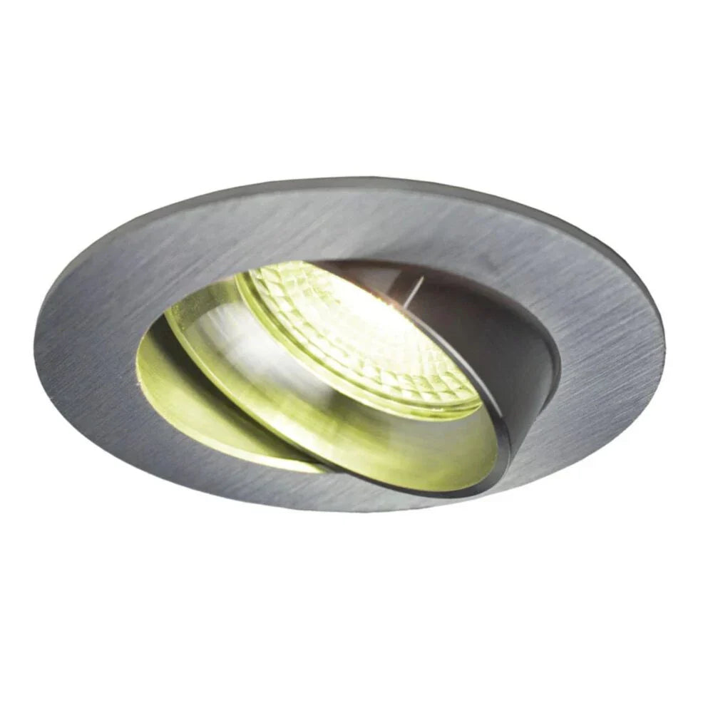 Inbouwspot LED GU10 kantelbaar rond geborsteld aluminium – schuine zijaanzicht bovenaanzicht van moderne richtbare plafondspot.