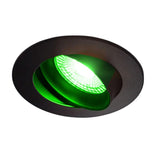 Zwarte LED inbouwspot met groen licht – onderaanzicht van een kantelbare ronde inbouwspot met zwarte rand en groene LED-verlichting, geschikt voor sfeerverlichting of accentverlichting.