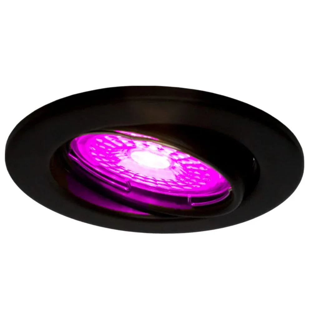 Inbouw LED spot met paarse verlichting en zwarte afwerking, schuin aanzicht van onderen.