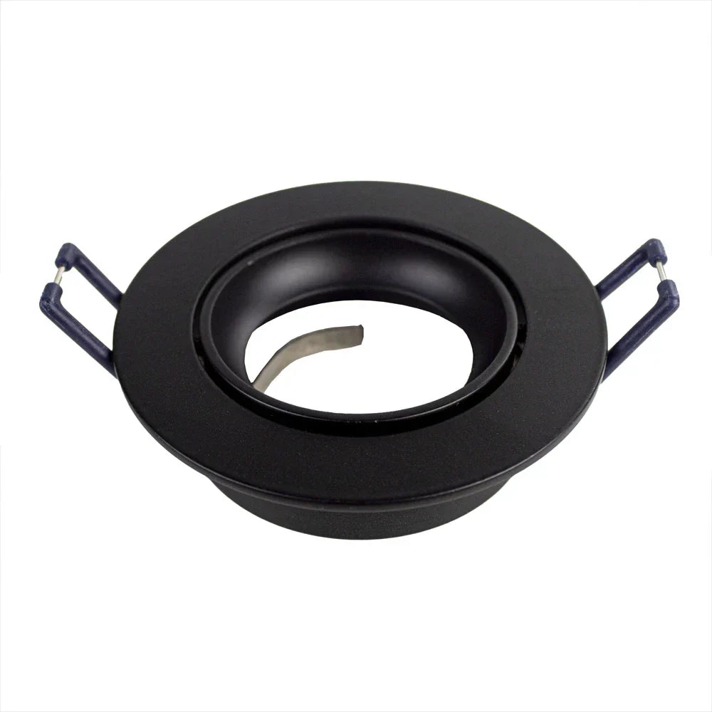 Zwarte ronde GU10 inbouwspot houder met klemveren, schuin vooraanzicht.