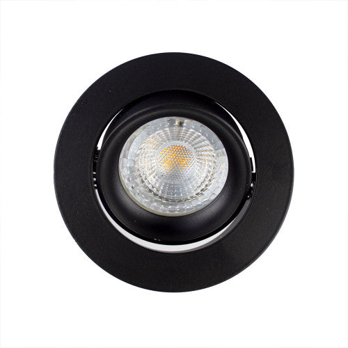 Rond zwart inbouwspotje met LED verlichting, bovenaanzicht van moderne richtbare spot voor plafondmontage.