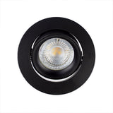 Rond zwart inbouwspotje met LED verlichting, bovenaanzicht van moderne richtbare spot voor plafondmontage.