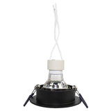 Zwarte inbouwspot met GU10-fitting en klemveren, vooraanzicht, inclusief lamp en witte elektrische draden.