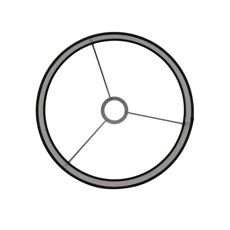 Bovenzicht van een ronde lampenkap met metalen frame en centrale fittinghouder, met een zwarte buitenrand en witte binnenzijde.