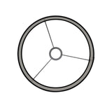 Bovenzicht van een ronde lampenkap met metalen frame en centrale fittinghouder, met een zwarte buitenrand en witte binnenzijde.