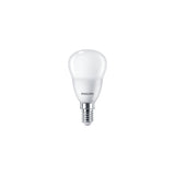 Philips LED-lamp met kleine fitting (E14), peervormig design, zichtbaar vanuit een frontaal aanzicht tegen een witte achtergrond.