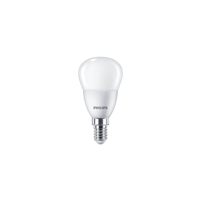 Philips LED-lamp met kleine fitting (E14), peervormig design, zichtbaar vanuit een frontaal aanzicht tegen een witte achtergrond.