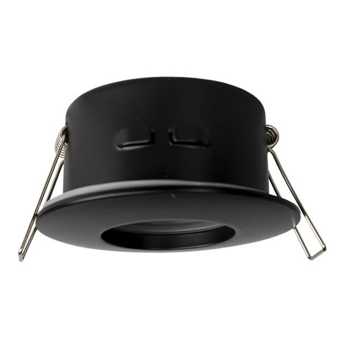 Zwarte inbouwspot GU10 ronde spot armatuur met veerklemmen, schuin vooraanzicht.