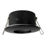 Zwarte inbouwspot GU10 ronde spot armatuur met veerklemmen, schuin vooraanzicht.