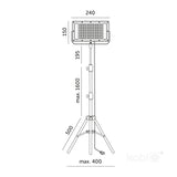 Technische lijntekening van een LED bouwlamp op statief, vooraanzicht, met afmetingen: lampbreedte 240 mm, lamphoogte 150 mm, verstelbare statiefhoogte tot 1600 mm, statiefbasis breedte maximaal 400 mm.