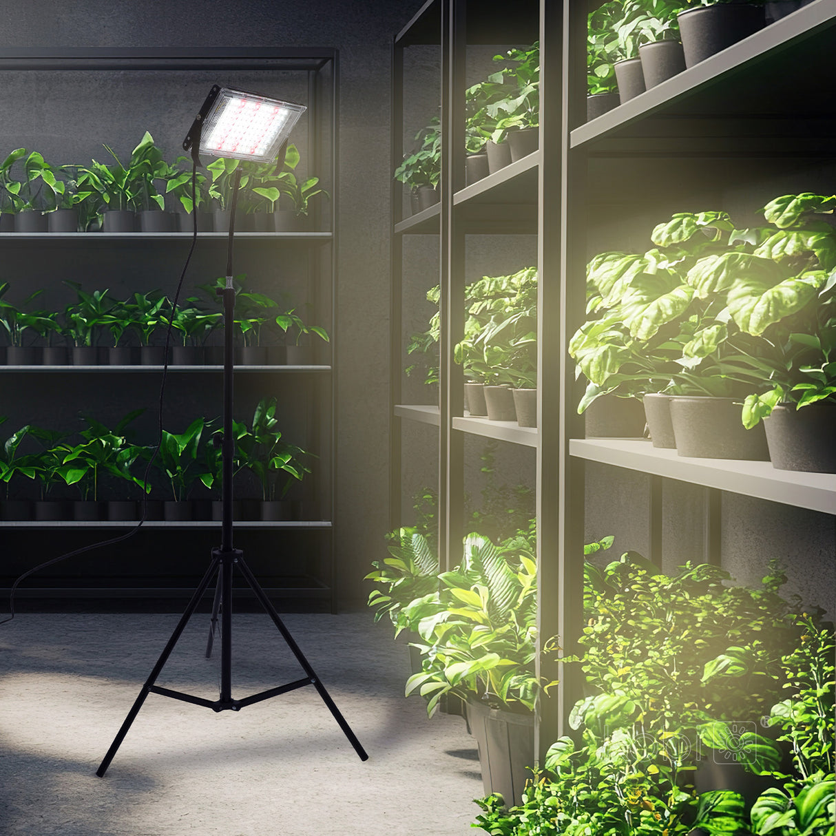 Binnenaanzicht van een moderne kweekruimte met zwarte stellingkasten vol groene planten, verlicht door een professionele kweeklamp op statief.