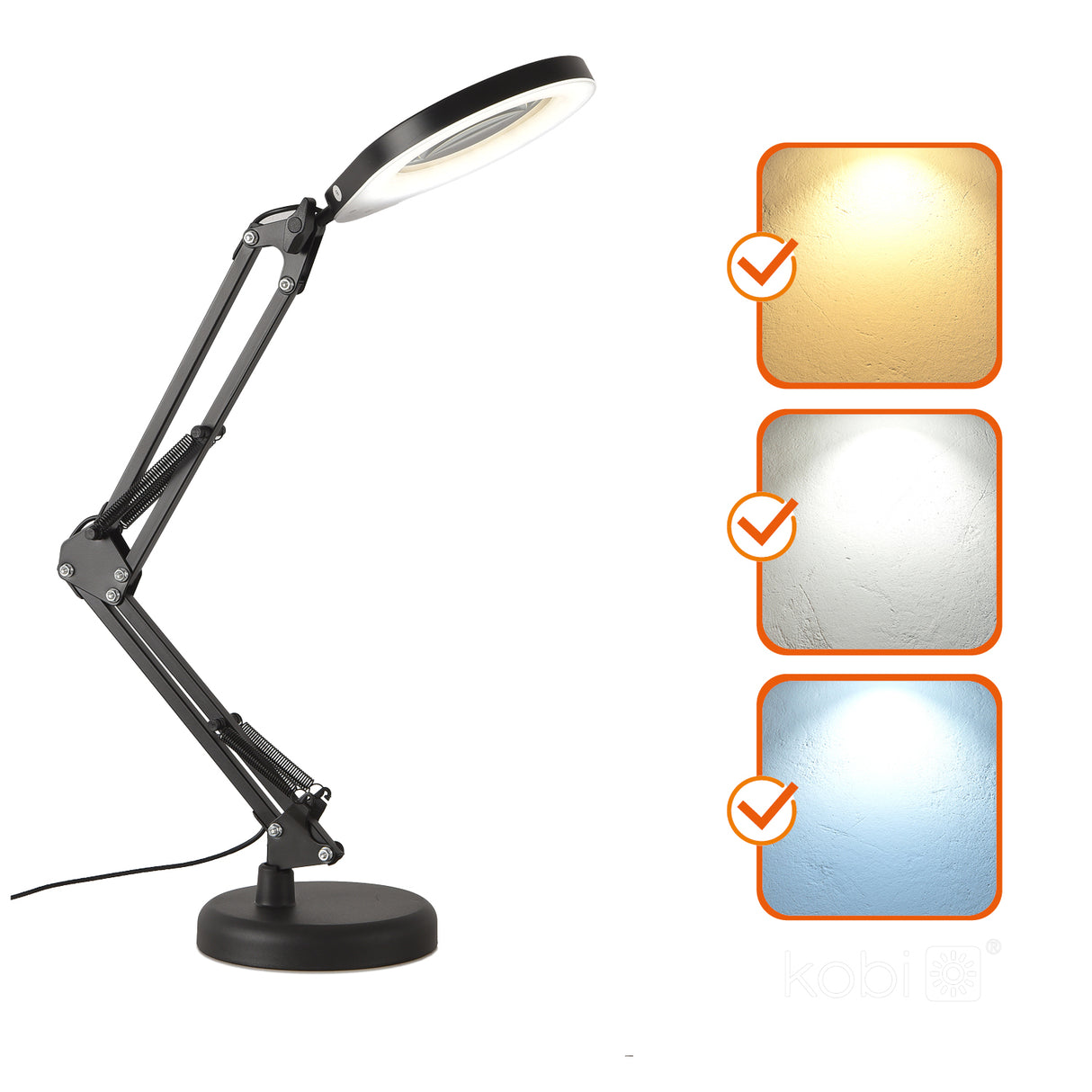Zwarte bureaulamp met verstelbare arm en ronde LED-lampkop, weergegeven in zijaanzicht. Rechts toont de afbeelding drie verschillende kleurtemperaturen van het licht: warm wit, neutraal wit en koel wit, elk met een vinkje ter indicatie van selecteerbare standen.