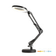 Zijaanzicht van een zwarte LED bureaulamp met verstelbare arm en ronde vergrootglaslamp, ideaal voor precisiewerk en kantoorgebruik.