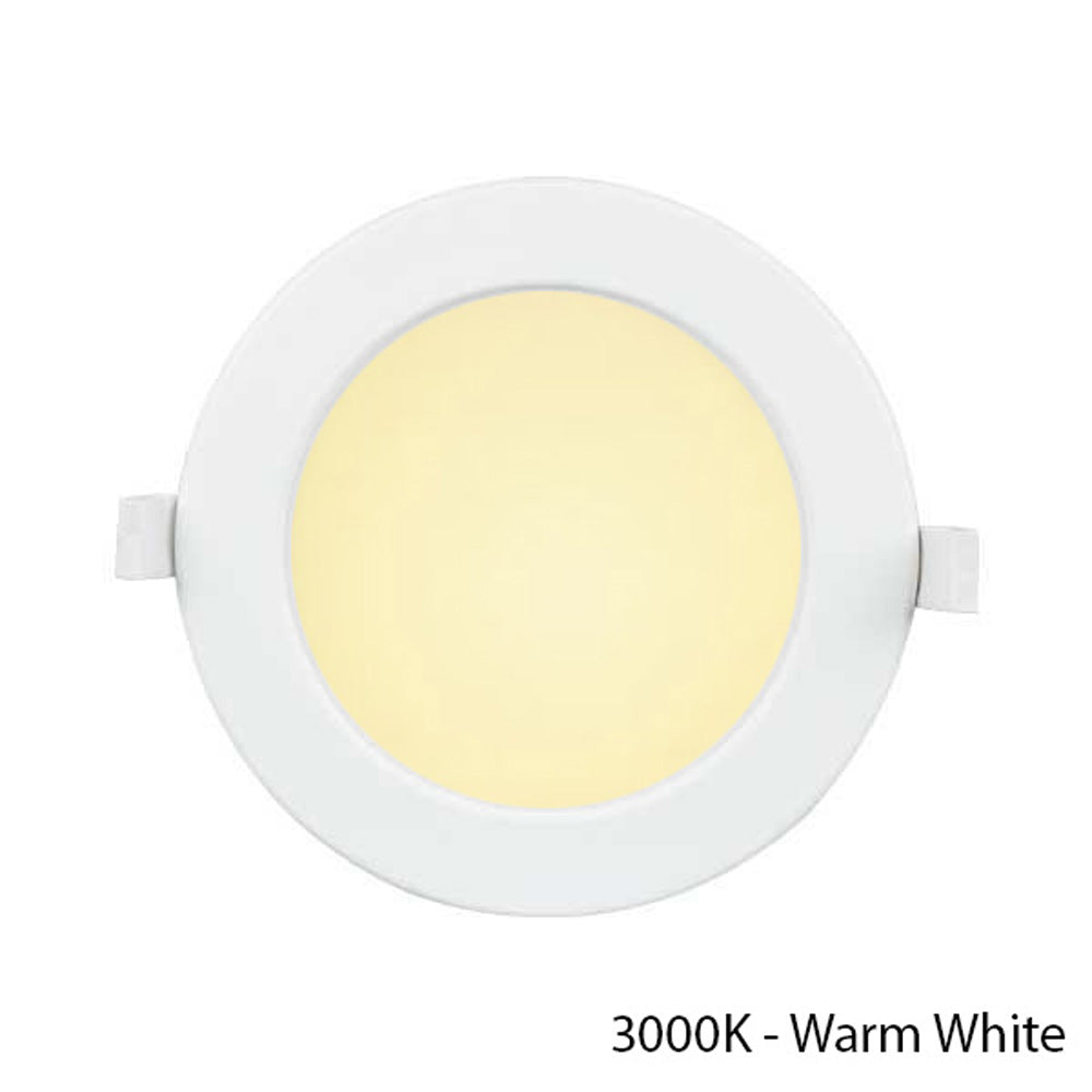 Ronde LED inbouwspot 3000K warm wit licht, bovenaanzicht, met witte afwerking en geïntegreerde klemmen voor plafondmontage.