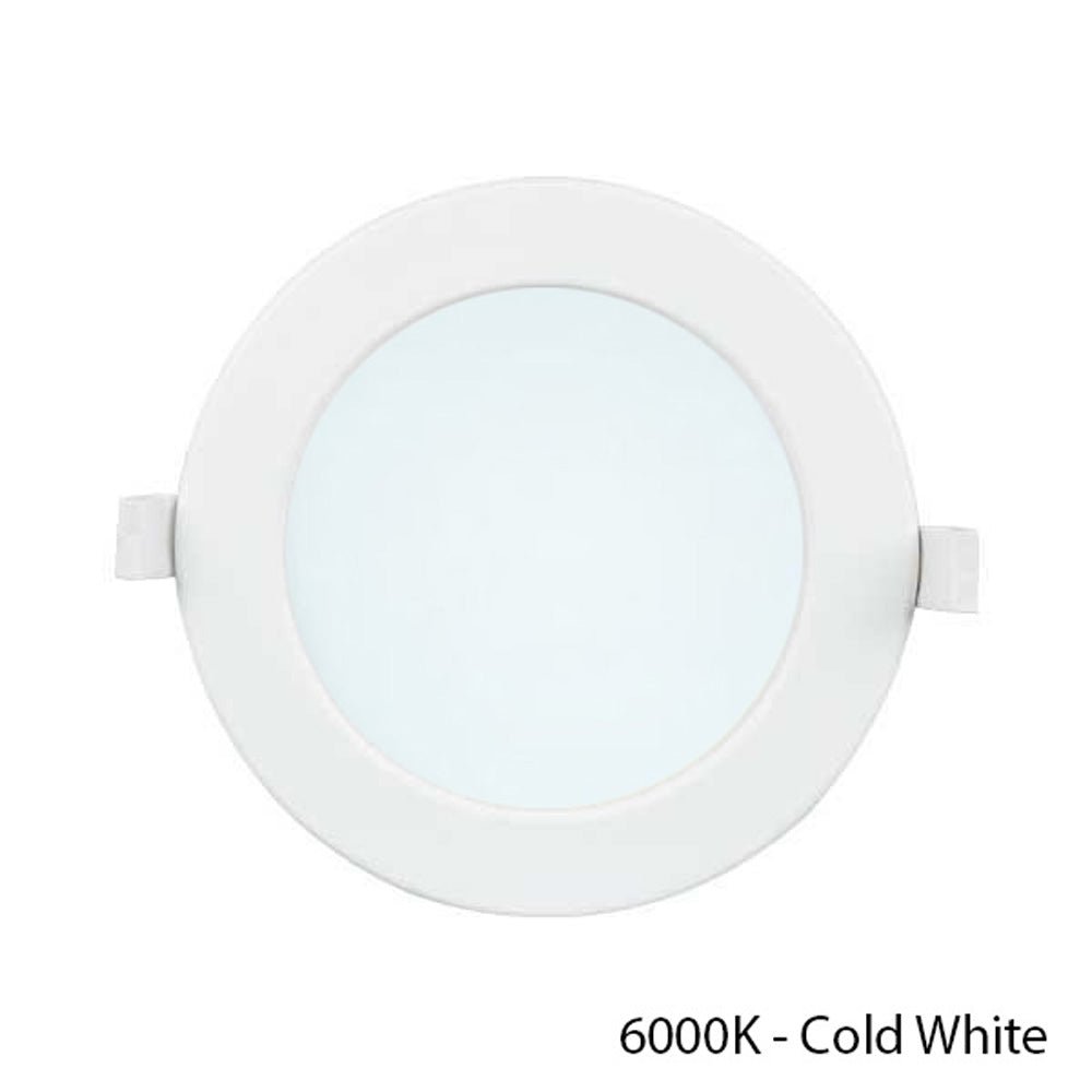 Ronde LED inbouwspot 6000K koud wit licht, bovenaanzicht, met witte afwerking en klemmen voor plafondmontage.