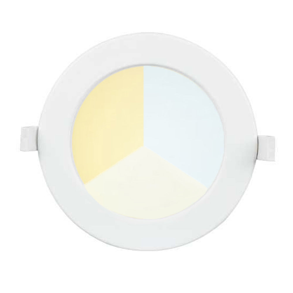 Rond LED inbouwpaneel met drie instelbare lichtkleuren (warm wit, neutraal wit, koud wit), frontaal aanzicht.