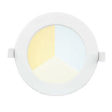 Rond LED inbouwpaneel met drie instelbare lichtkleuren (warm wit, neutraal wit, koud wit), frontaal aanzicht.
