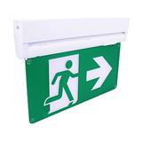 LED noodverlichtingsarmatuur met groen pictogram van een rennend mannetje en een witte pijl naar rechts, zijaanzicht.